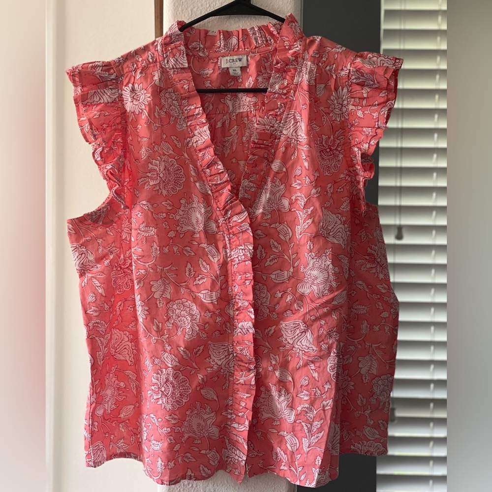 J. Crew Pink Coral XL Sleeveless Ruffle blouse Top SP24 Romantic Summer